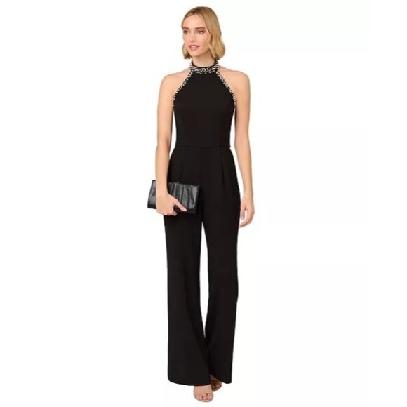 159$ Adrianna Papell Embellished Halter Neck Wide Leg Jumpsuit Size 10 Black